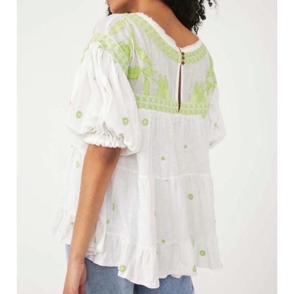 Free People Edie Top Womens White Green Linen Blend Beaded Embroidered M - Picture 3 of 12